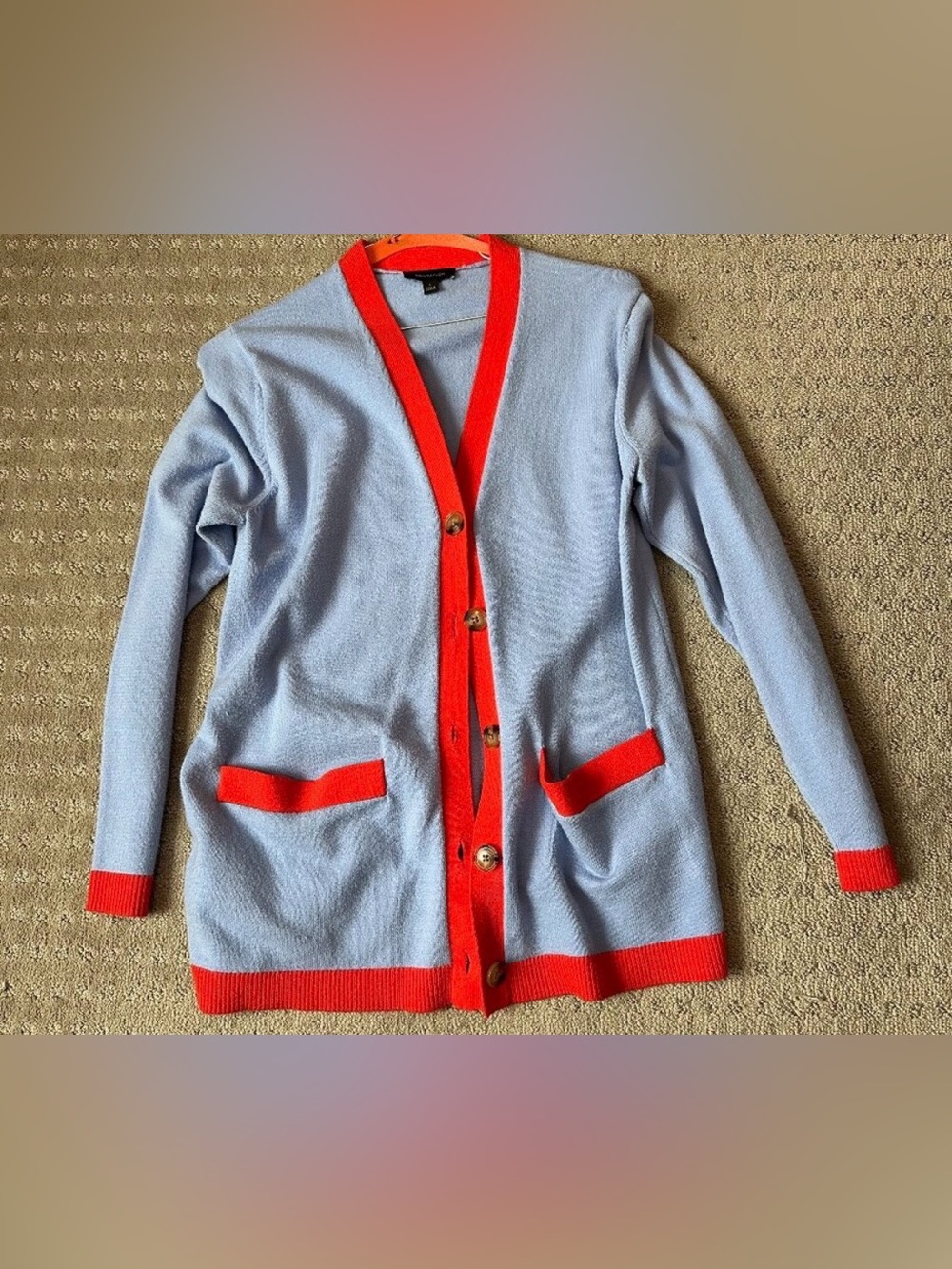 ANN TAYLOR MEDIUM Oversized BLUE RED  Orange Trim Women Button Up LS Cardigan